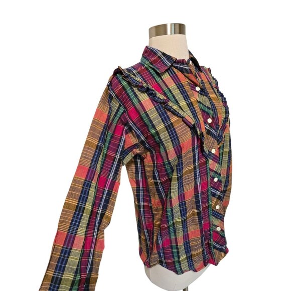 80s 90s Vintage Womens Plaid Button Front Shirt Size Medium Ruffles Western - Picture 5 of 6
